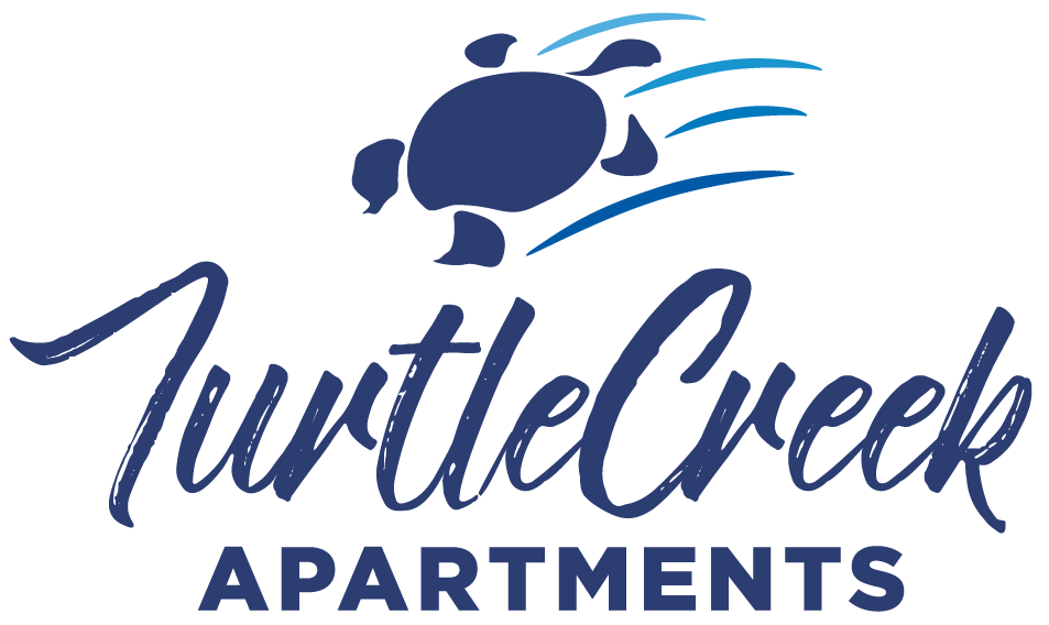 A logo for Turtle Creek Apartments with a turtle and water splash design.